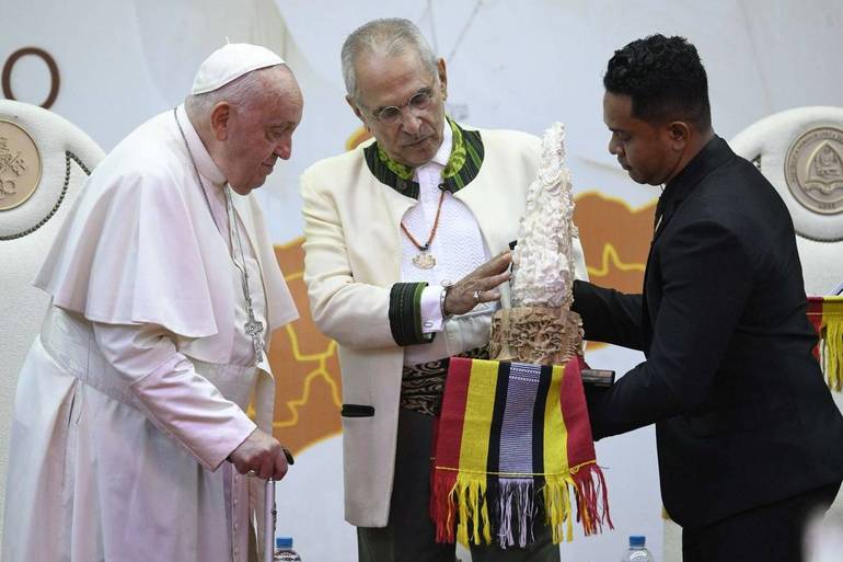 Dili, 9 settembre 2024: viaggio apostolico di papa Francesco in Timor-Leste; incontro con le Autorità, la Società Civile e il Corpo Diplomatico nel Palazzo Presidenziale. Foto Vatican Media/SIR