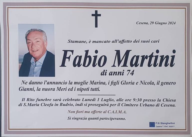 Il manifesto funebre che annuncia la morte di Fabio Martini, deceduto questa mattina